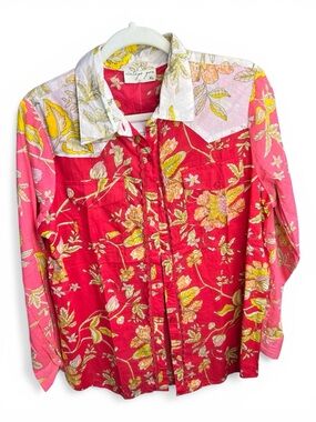 Vintage Red Pink Floral Button-Up Blouse